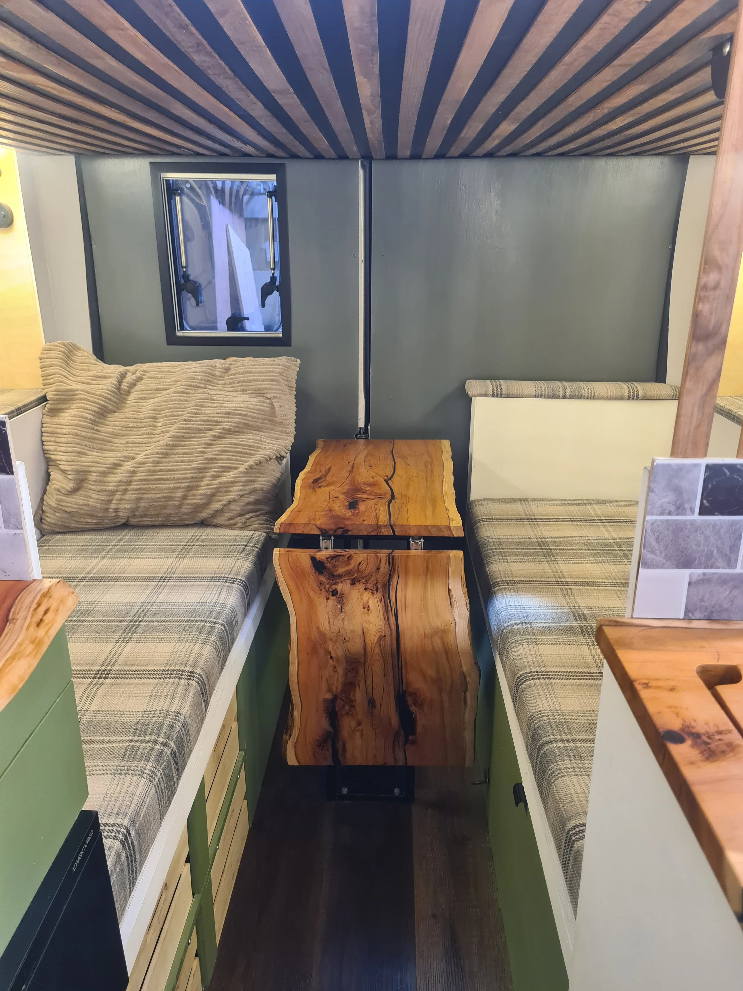 SWB Fiat Ducato. Fully off grid, Gas free, Lifting bed, Seating for 4, Live edge yew table, Kitchen, Full height wardrobe, Composting toilet. Photo 7 of 22.